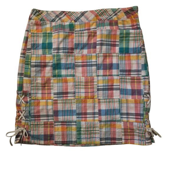 Talbots Sz 4P Madras Plaid Patchwork Cotton Lined Skirt Lace-Up Pastel - Picture 1 of 7